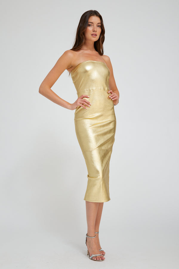 Sprwmn Metallic Gold Leather Tube Dress GOLD