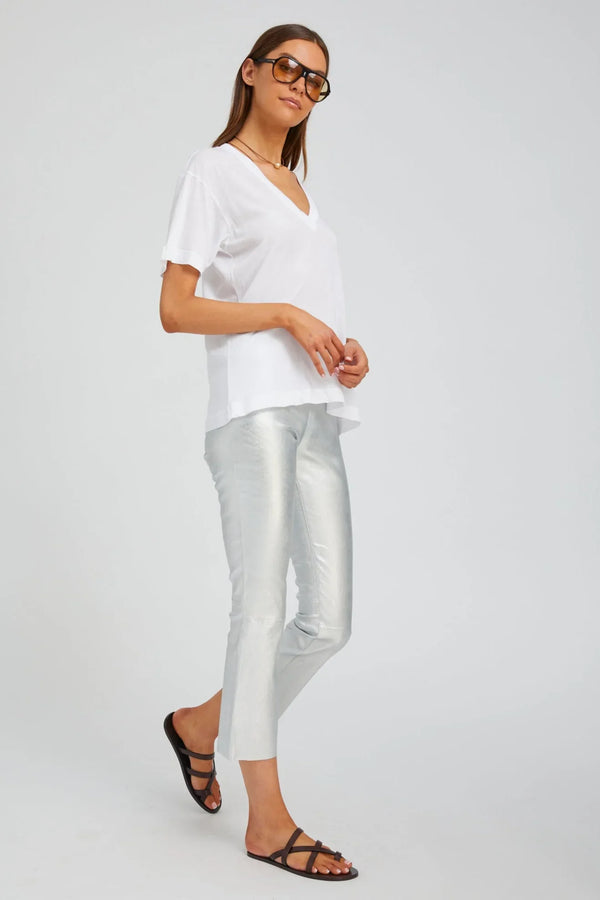 Sprwmn Metallic Silver Leather Crop Flare Silver
