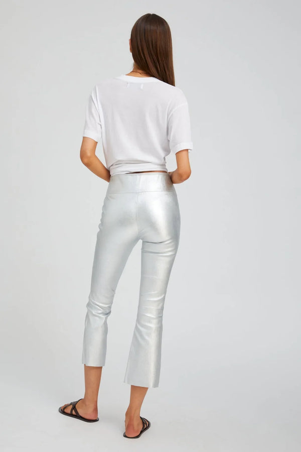 Sprwmn Metallic Silver Leather Crop Flare Silver