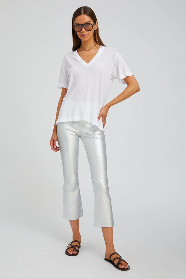 sprwmn Metallic Silver Leather Crop Flare Silver