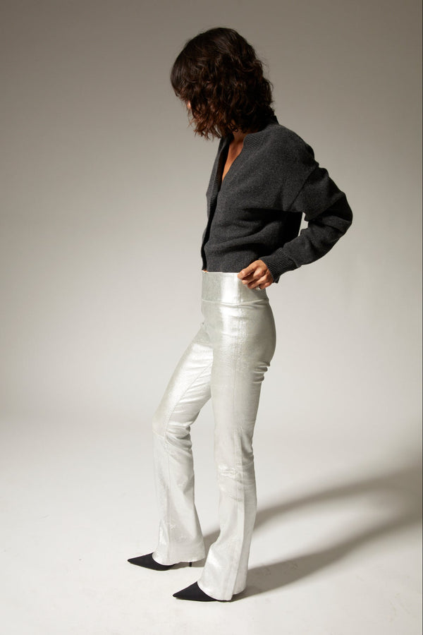 Sprwmn Metallic Silver Leather Micro Flare Silver