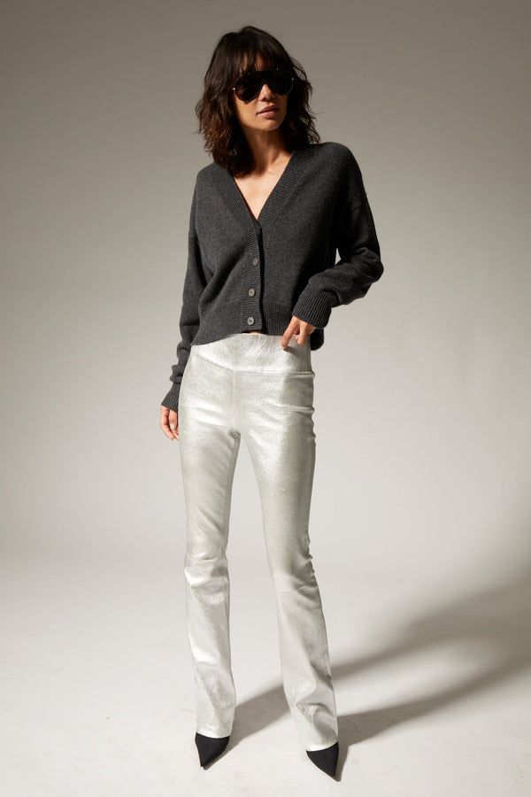 sprwmn Metallic Silver Leather Micro Flare Silver