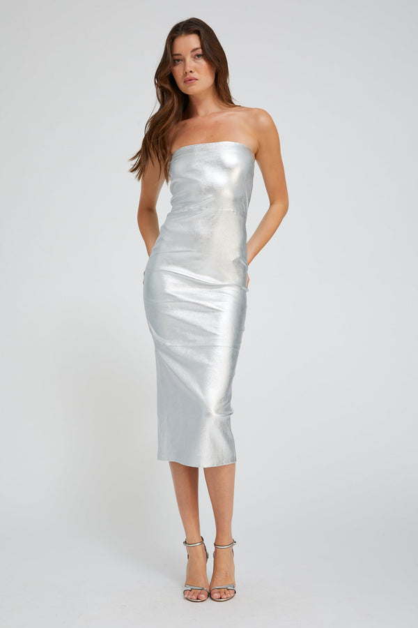Sprwmn Metallic Silver Leather Tube Dress Silver