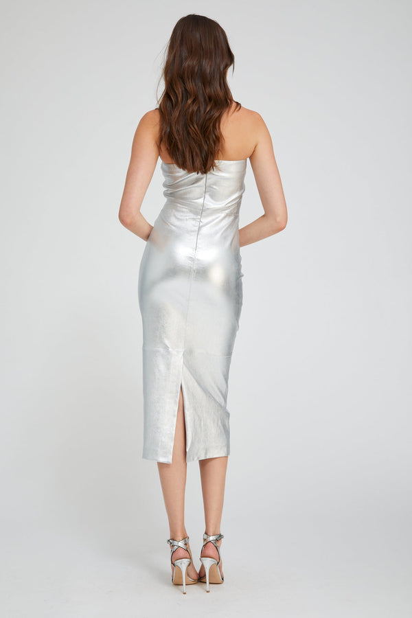 Sprwmn Metallic Silver Leather Tube Dress Silver