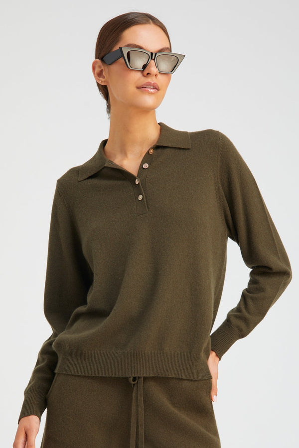 sprwmn Olive Cashmere Polo Sweater OLIVE