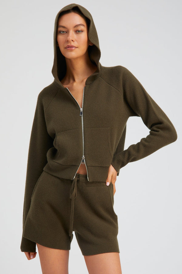 sprwmn Olive Cashmere Shrunken Zip Up Hoodie OLIVE