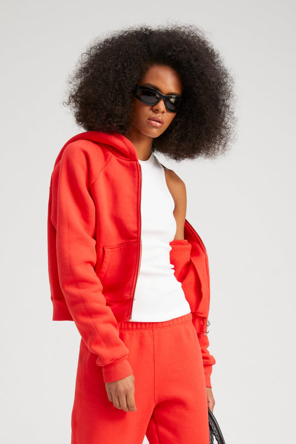 sprwmn Red Cotton Shrunken Zip Up Hoodie RED
