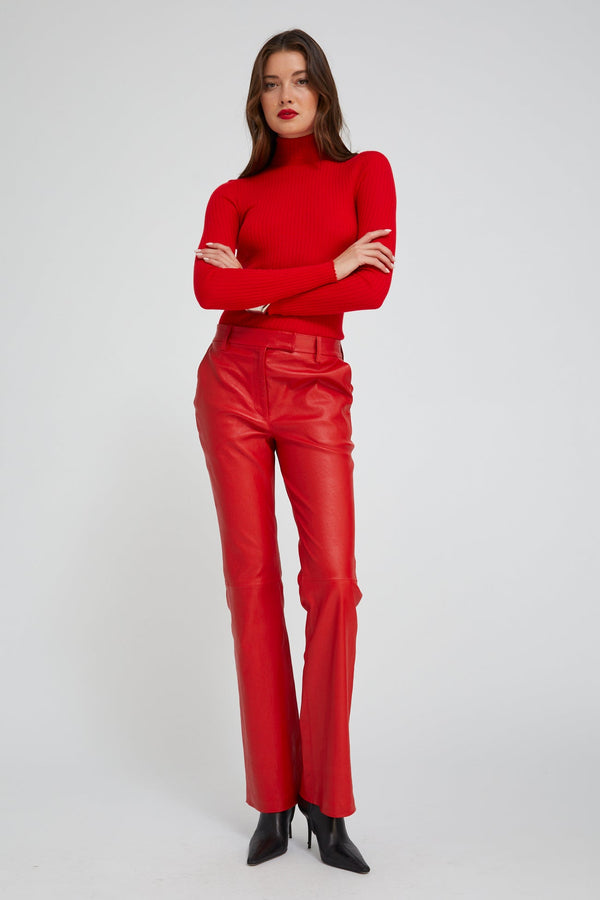 sprwmn Red Leather Micro Flare Trousers RED