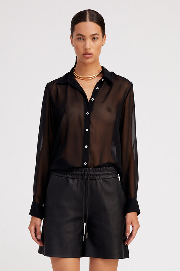 sprwmn Silk Fitted Button Down Black
