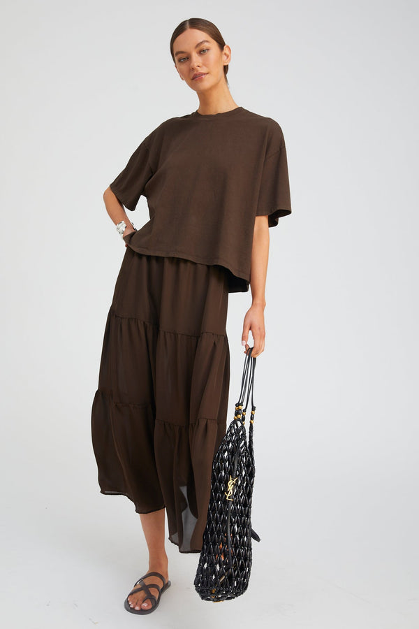 sprwmn Silk Tiered Maxi Skirt AMERICANO