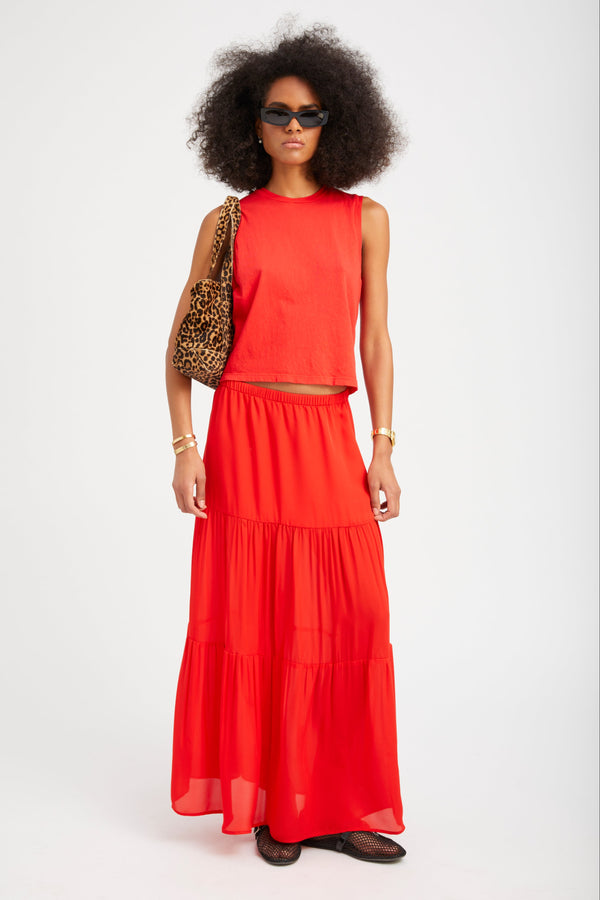 sprwmn Silk Tiered Maxi Skirt RED