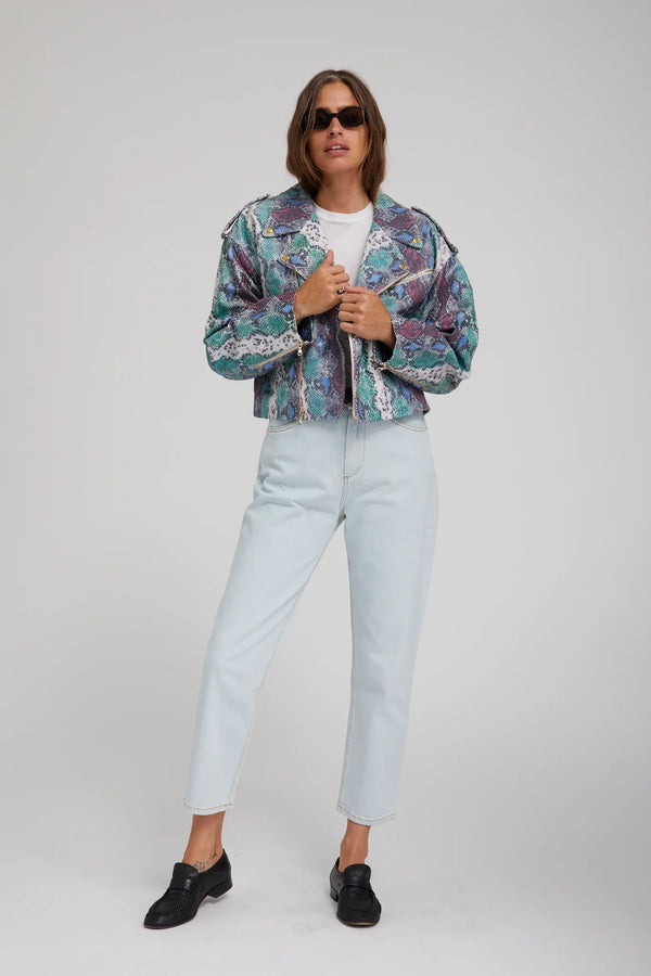 Sprwmn Snake Print Leather Moto Jacket