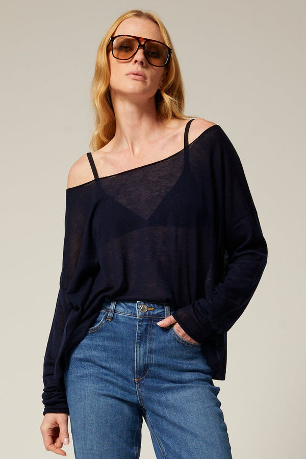 sprwmn Tissue Off-Shoulder Top NAVY