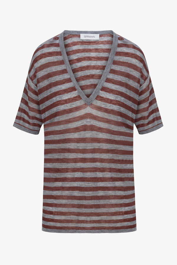 Sprwmn Tissue V-Neck Tee GREY/BROWN STRIPES