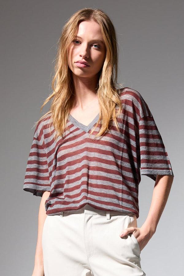 sprwmn Tissue V-Neck Tee GREY/BROWN STRIPES