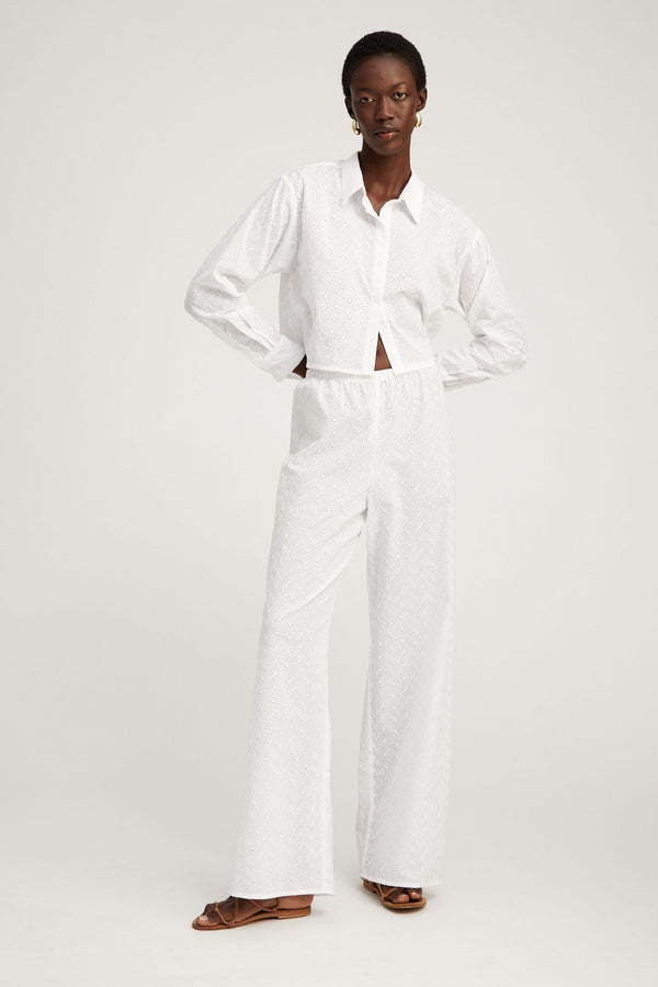 Sprwmn White Eyelet Cropped Button Down White