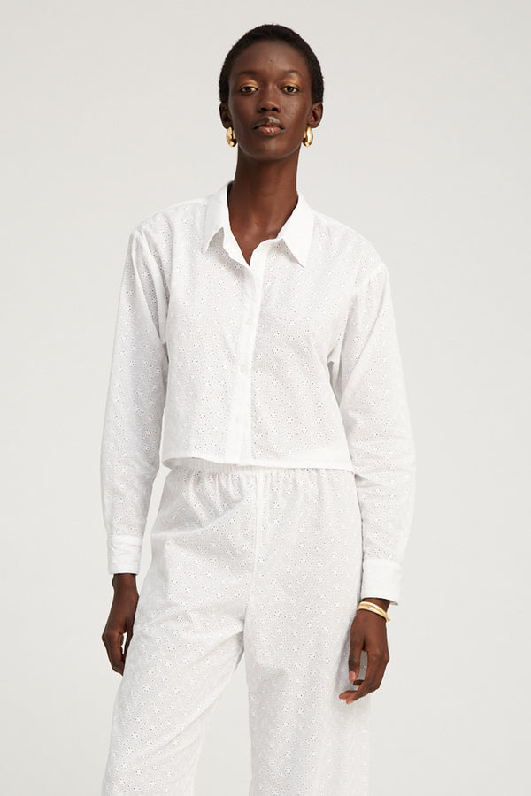sprwmn White Eyelet Cropped Button Down White