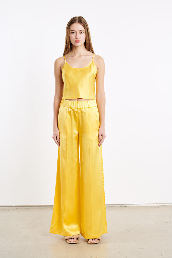 sprwmn Yellow Silk Wide Leg Pintuck Pants