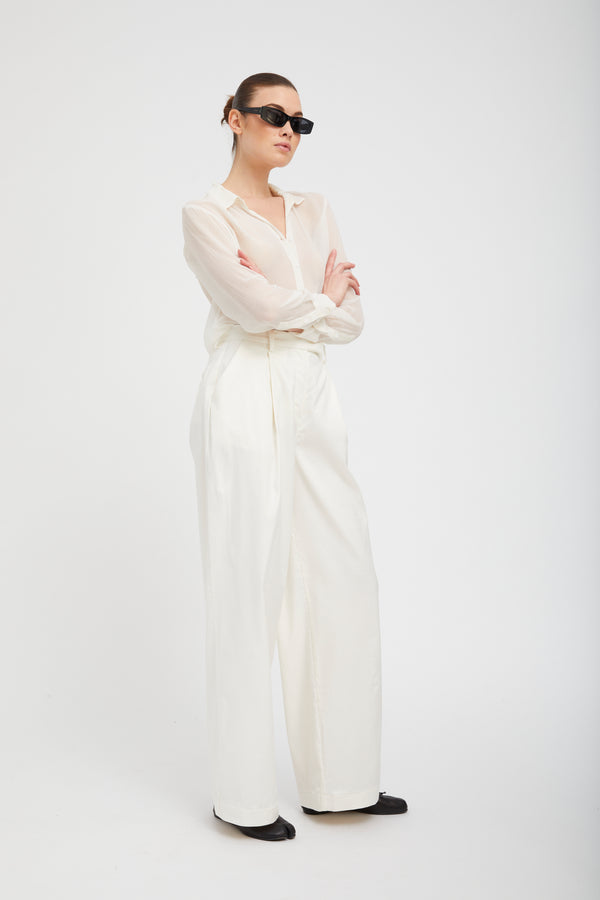 Sprwmn White Crinkle Chiffon Fitted Button Down White