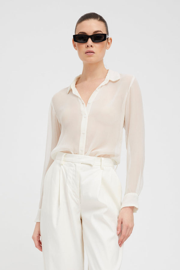 sprwmn White Crinkle Chiffon Fitted Button Down White