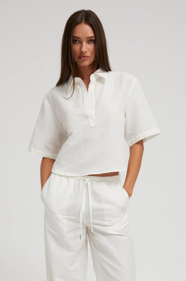 sprwmn White Linen Cropped Oversized Henley Shirt White