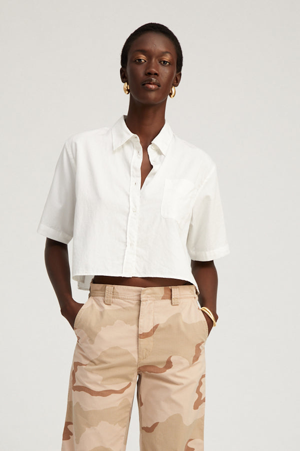 sprwmn White Short Sleeve Cropped Button Down White