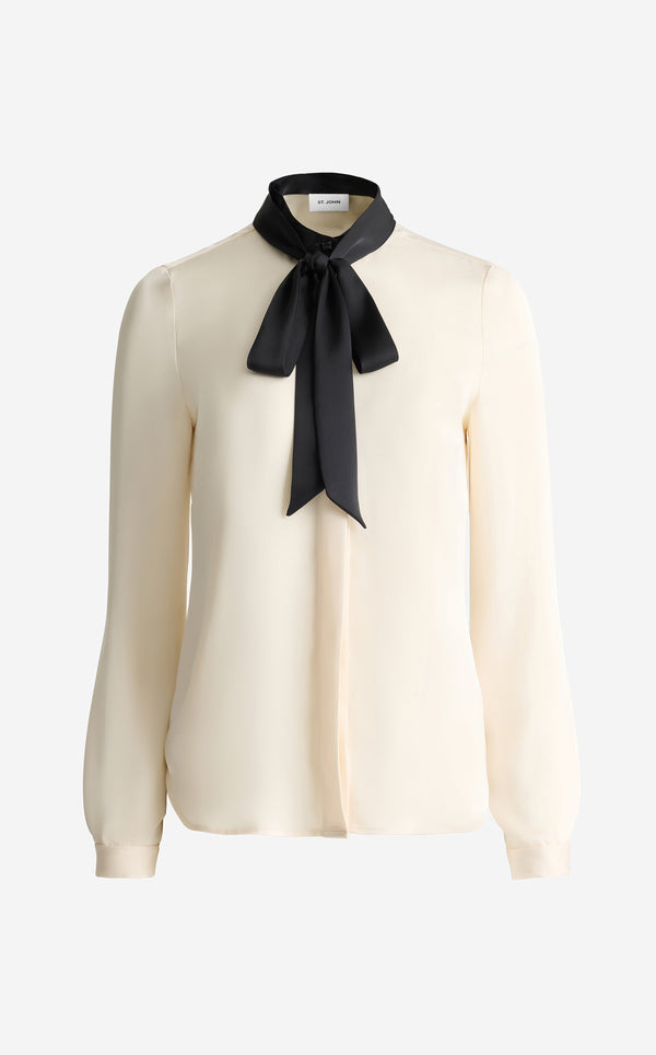 St. John Hannah Neck Tie Blouse In Lightweight Liquid Satin ECBK
