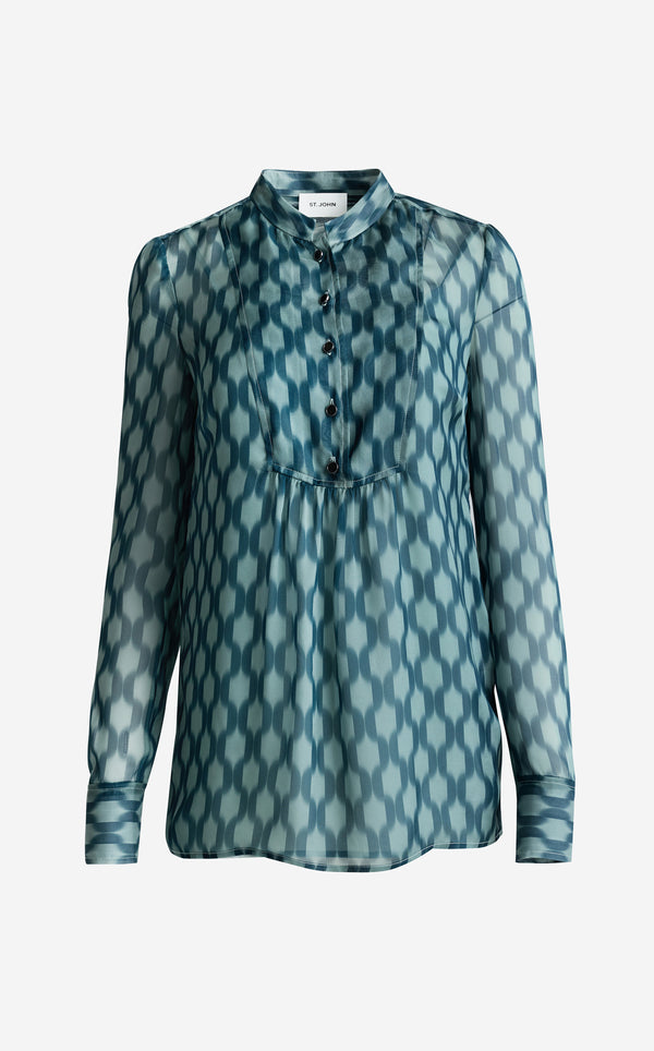 St. John Hannah Pleat Front Blouse In Geometric Printed Silk TIBM