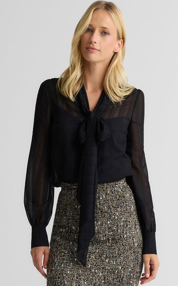 st. john Hannah Scoop Front Bow Blouse In Shadow Stripe Georgette BK00