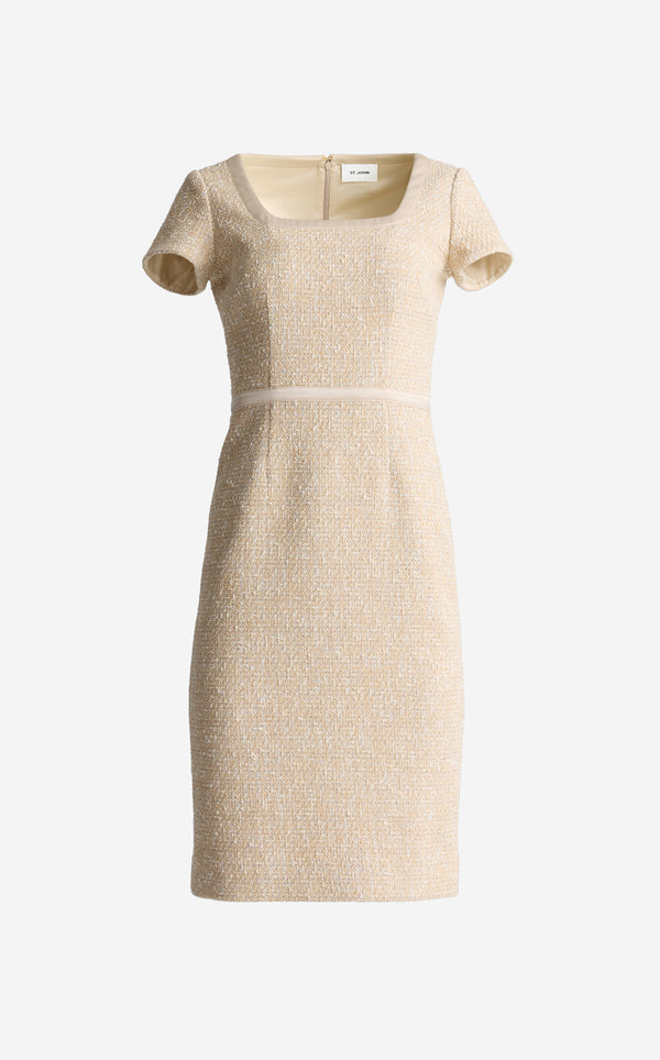 St. John Linda Dress In Satin Framed Arcadia Tweed LEEM