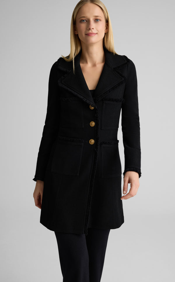 st. john Milano Pique Knit Fit Flare Topper With Knit Fringe Trim CAVR