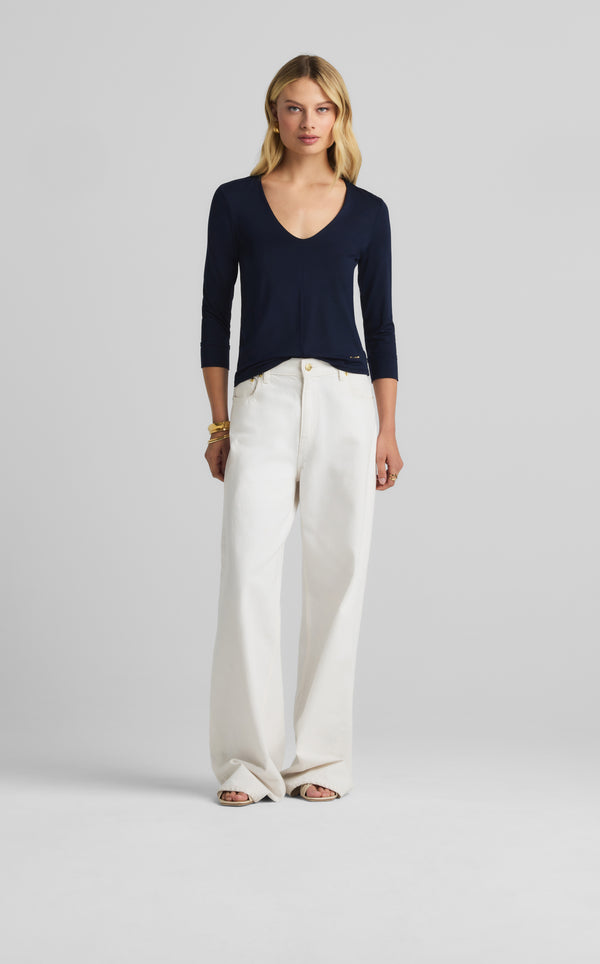 St. John Polished Jersey V-Neck Top MIDN