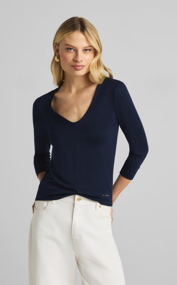 st. john Polished Jersey V-Neck Top MIDN