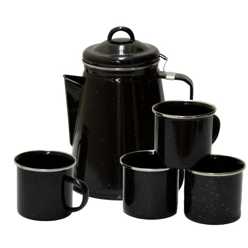 stansport Enamel Percolator Coffee Pot & 4 Mug Set Black