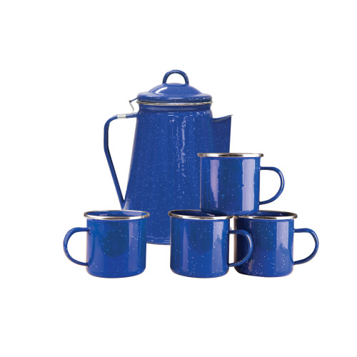 stansport Enamel Percolator Coffee Pot & 4 Mug Set Blue