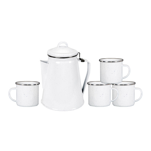 stansport Enamel Percolator Coffee Pot & 4 Mug Set White