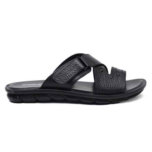 starlet LEATHER SLIPPER - AK-06 BLACK MEN SLIPPER