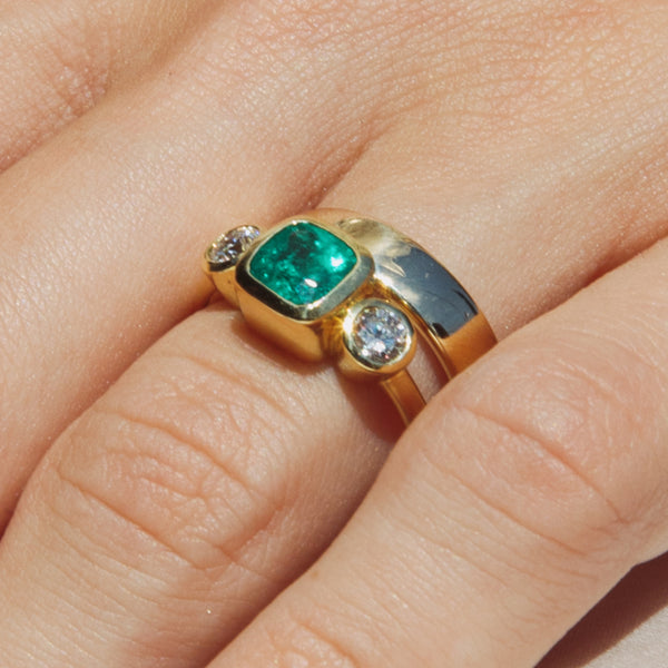Starling 1ct Muzo Emerald And Diamond Three Stone Bezel Ring
