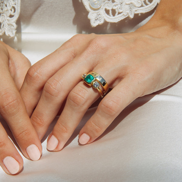 Starling 1ct Muzo Emerald And Diamond Three Stone Bezel Ring