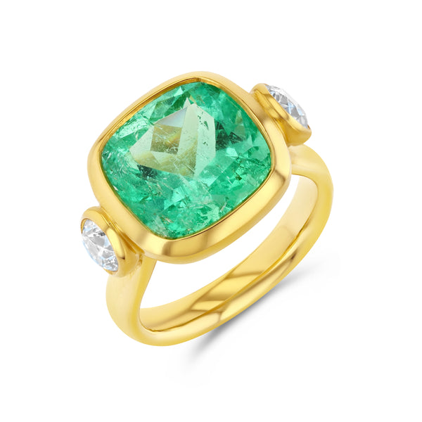 starling 5.90ct Muzo Emerald Cushion Cut and Diamond Three Stone Ring