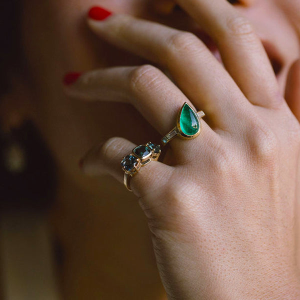 Starling Emerald Pear Cabochon And Diamond Three Stone Ring