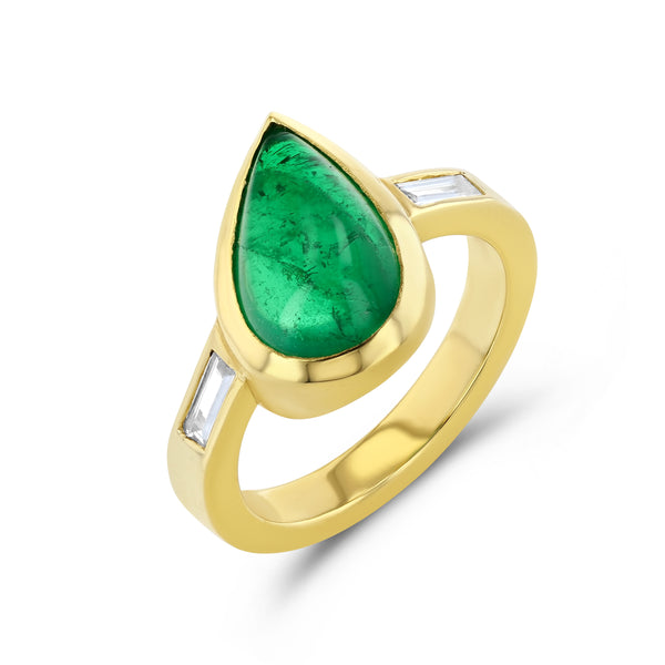 starling Emerald Pear Cabochon and Diamond Three Stone Ring