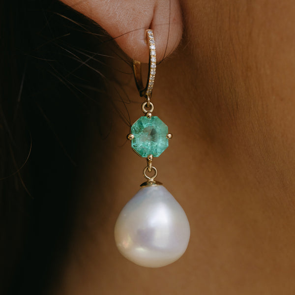 Starling Emerald Pearl Diamond Drop Earrings