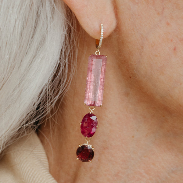 Starling PINK TOURMALINE THREE STONE DROP EARRINGS