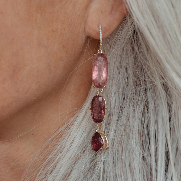 Starling PINK TOURMALINE THREE STONE DROP EARRINGS