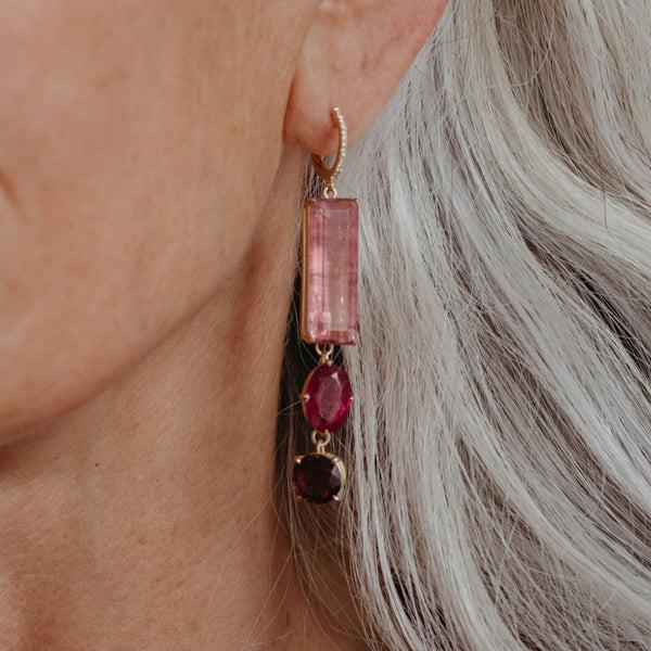 Starling PINK TOURMALINE THREE STONE DROP EARRINGS
