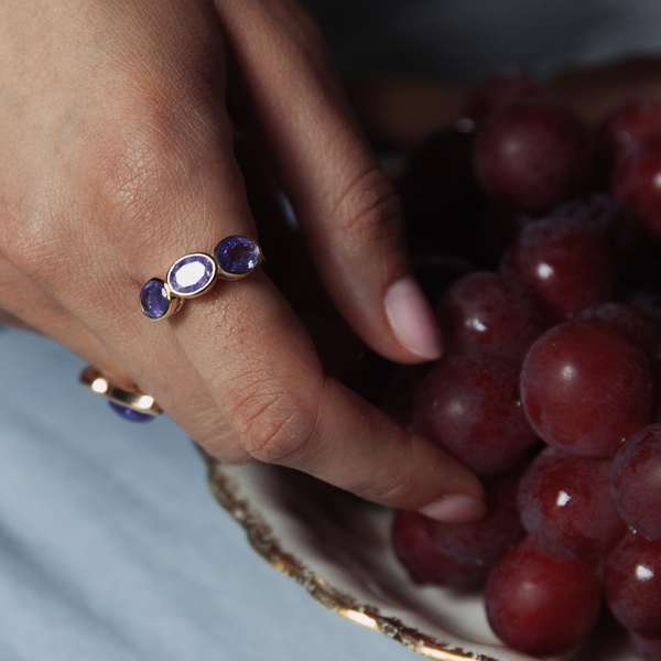 Starling Tanzanite Three Stone Oval Bezel Ring