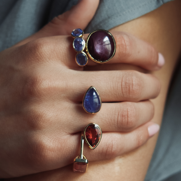 Starling Tanzanite Three Stone Oval Bezel Ring