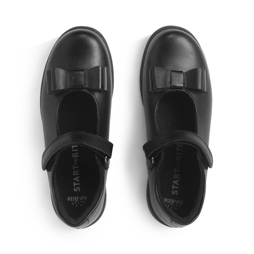 Start Rite Bella Black Leather Girls Rip-tape Bow School Shoes