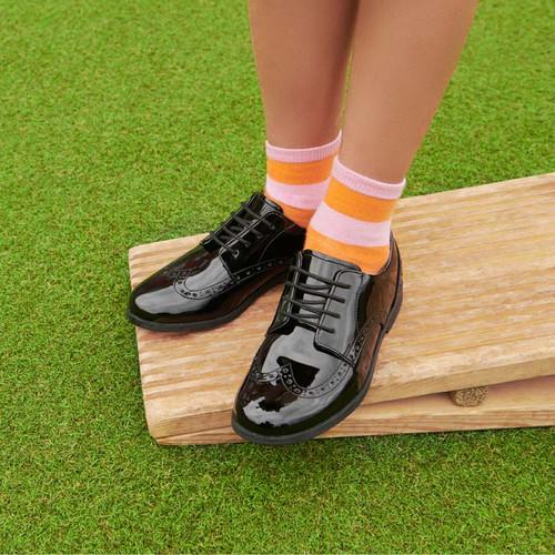 Start Rite Brogue Pri Black Patent Girls Lace-up Closed School Shoes